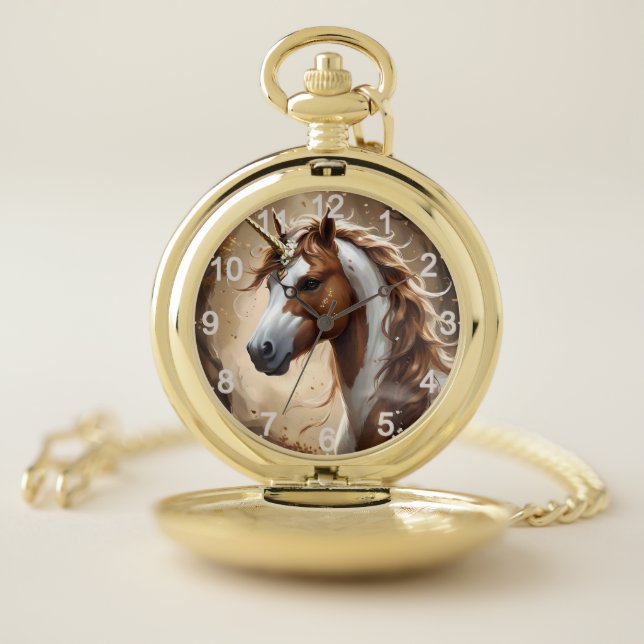 Whispers Of The Brown And White Fantasy Unicorn, Pocket Watch (Inside)