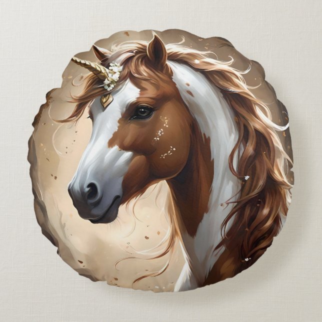 Whispers Of The Brown And White Fantasy Unicorn, Round Pillow (Front)