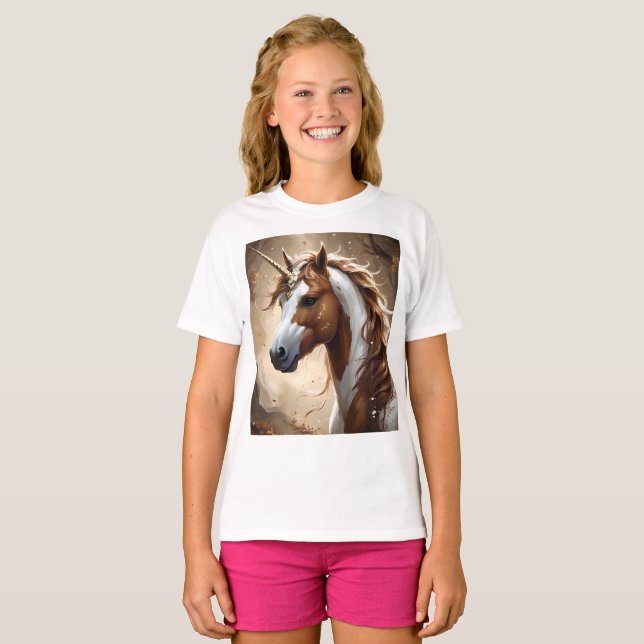 Whispers Of The Brown And White Fantasy Unicorn, T-Shirt (Front Full)