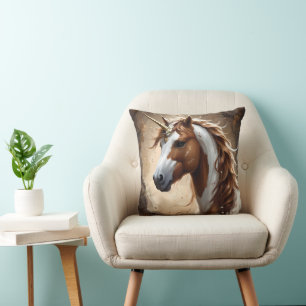 Whispers Of The Brown And White Fantasy Unicorn, Throw Pillow