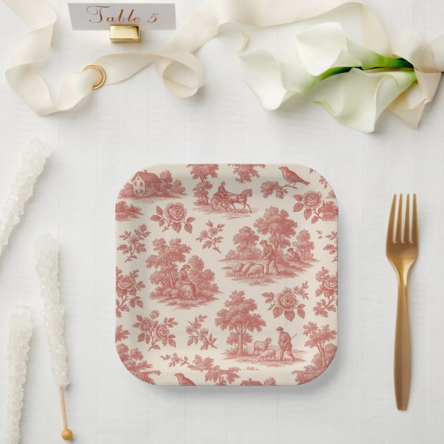 Whispers of the Countryside – Red Toile Paper Plat Plates (Wedding)