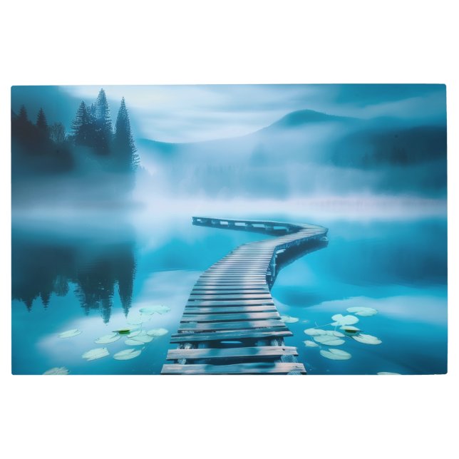 Whispers of the Mist: Serene Lake Pathway Metal Print (Front)