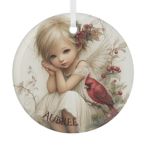 Whispers of Winter – Fairy Child with Cardinal  Glass Ornament