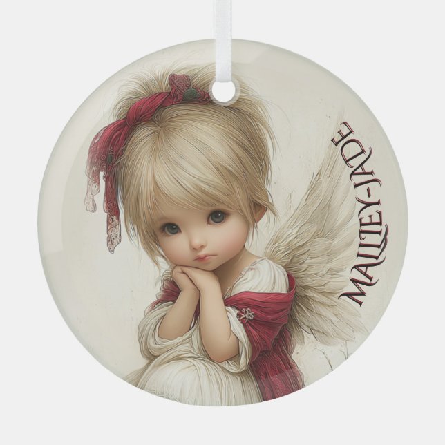 Whispers of Winter – Fairy Child with Cardinal  Glass Ornament (Front)