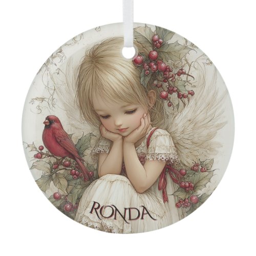 Whispers of Winter – Fairy Child with Cardinal  Glass Ornament