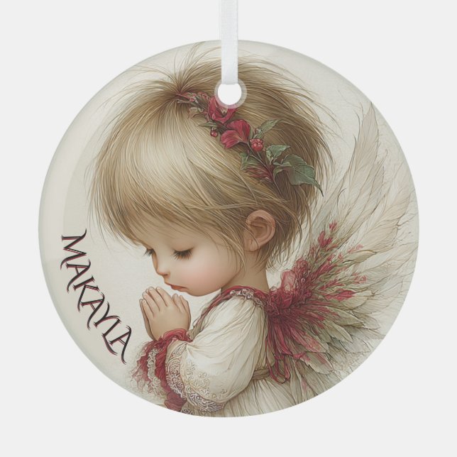 Whispers of Winter – Fairy Child with Cardinal  Glass Ornament (Front)