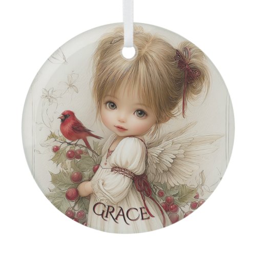 Whispers of Winter – Fairy Child with Cardinal  Glass Ornament