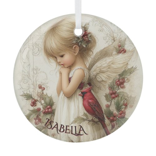 Whispers of Winter – Fairy Child with Cardinal  Glass Ornament
