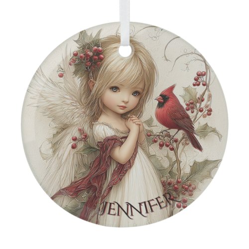 Whispers of Winter – Fairy Child with Cardinal  Glass Ornament
