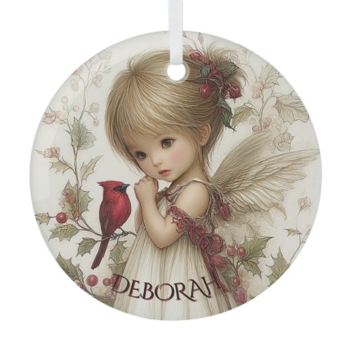 Whispers of Winter – Fairy Child with Cardinal  Glass Ornament