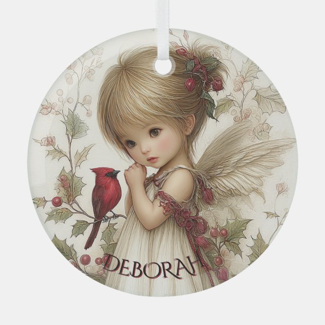Whispers of Winter – Fairy Child with Cardinal  Glass Ornament (Front)