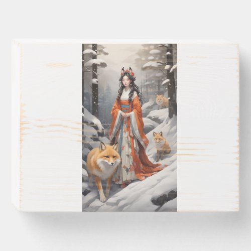 Whispers of Winter Japanese Queen and Fox Wooden  Wooden Box Sign