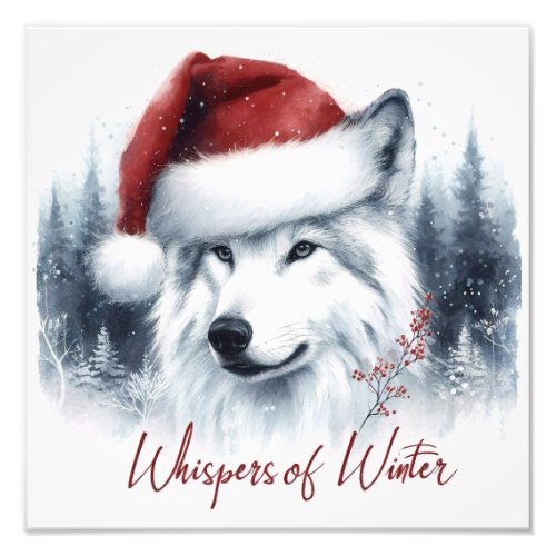 Whispers of Winter _ Watercolor Wolf in Santa Hat Photo Print