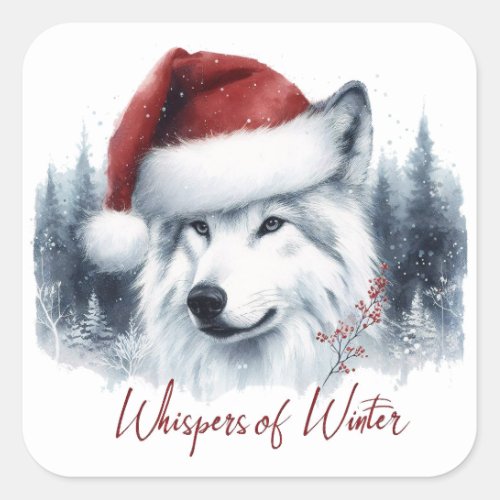 Whispers of Winter _ Watercolor Wolf in Santa Hat Square Sticker