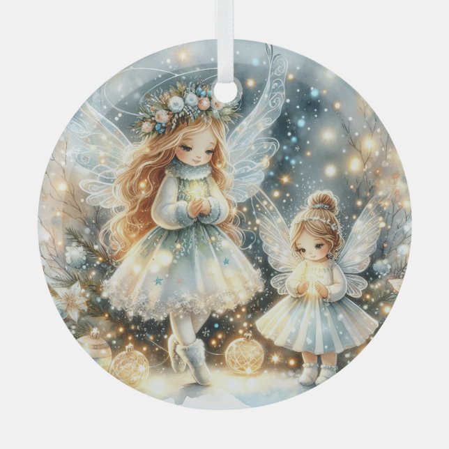 Whispers of Winterlight: Enchanted Snow Fairies Glass Ornament (Front)