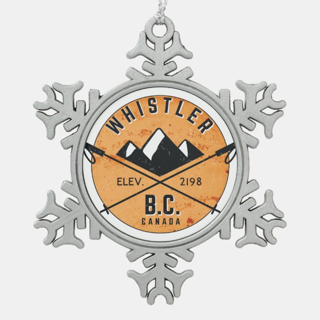 Whistler British Columbia Canada Skiing Snowboard Snowflake Pewter Christmas Ornament (Front)
