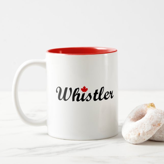 Whistler Canada Script Text Small Maple Leaf Two-Tone Coffee Mug (With Donut)