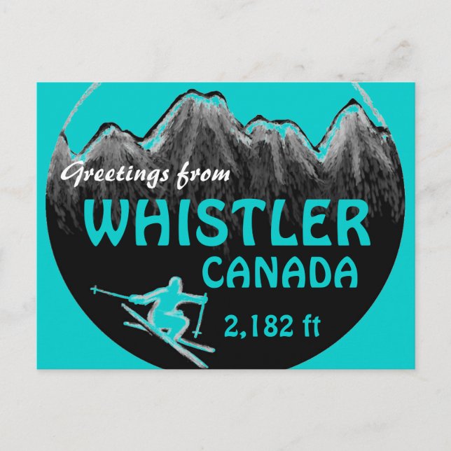 Whistler Canada teal greetings ski art postcard (Front)