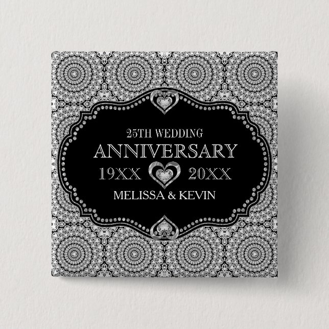 Whit Diamonds Glitter 25th Wedding Anniversary Button (Front)