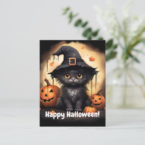 Whitchy Black Kitty Pumpkin Halloween Postcard