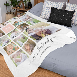 White 16 Photo Collage Monogram Name Calligraphy Fleece Blanket