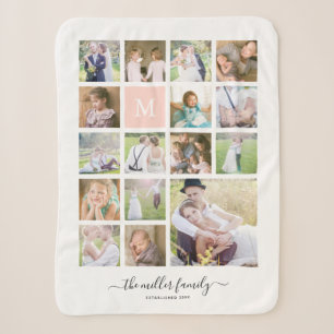 White 16 Photo Collage Monogram Name Calligraphy Sherpa Blanket