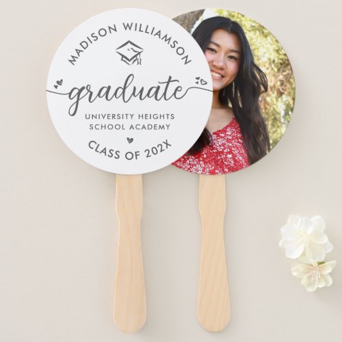 White 1 Photo Graduation Gray Script Hearts Cap Hand Fan