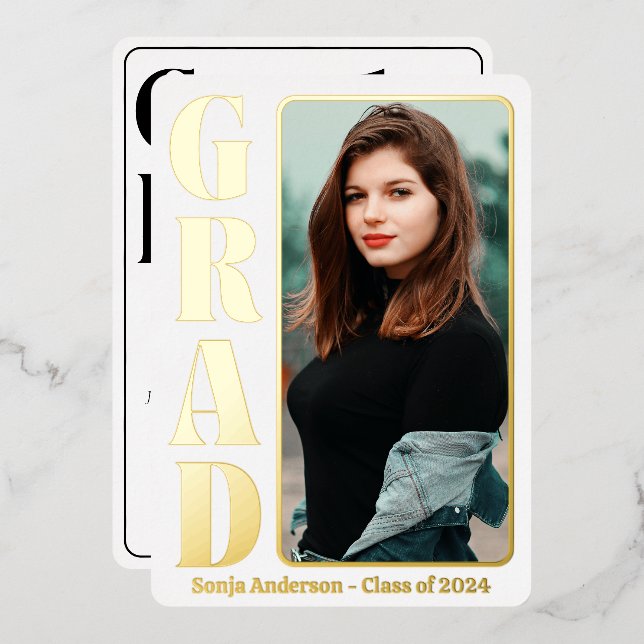 White 1 Photo Modern Grad Party  Foil Invitation (Front/Back)