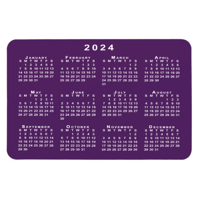 White 2024 Calendar on Purple Background Template Magnet (Horizontal)
