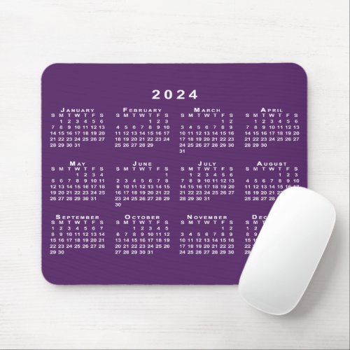 White 2024 Calendar on Purple Custom Background Mouse Pad
