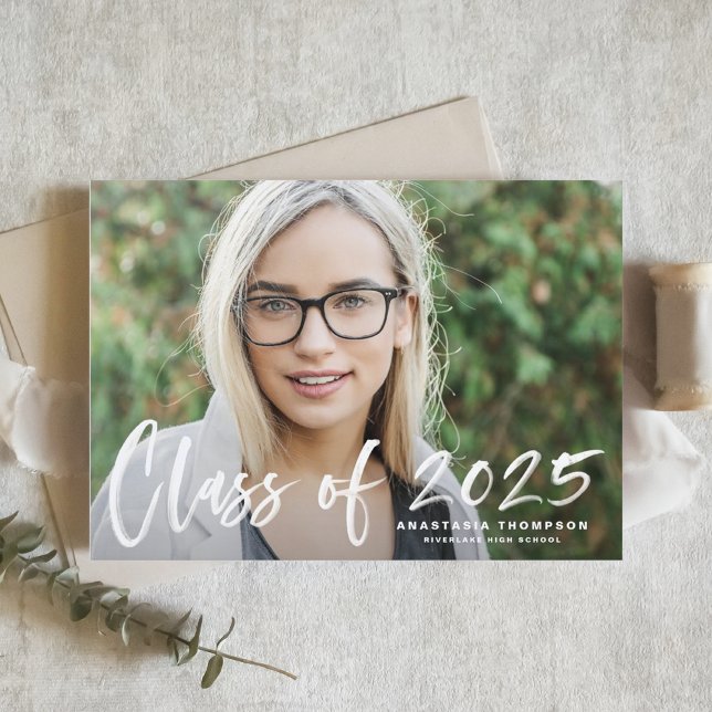 White 2025 Brush Lettering Photo Graduation Invitation (Customizable photo graduation announcement featuring brush lettering.)