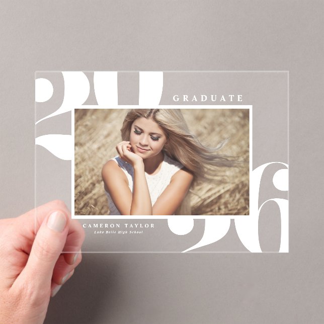 White 2026 Bold Typography Photo Graduation Acrylic Invitations (Insitu (Handheld))