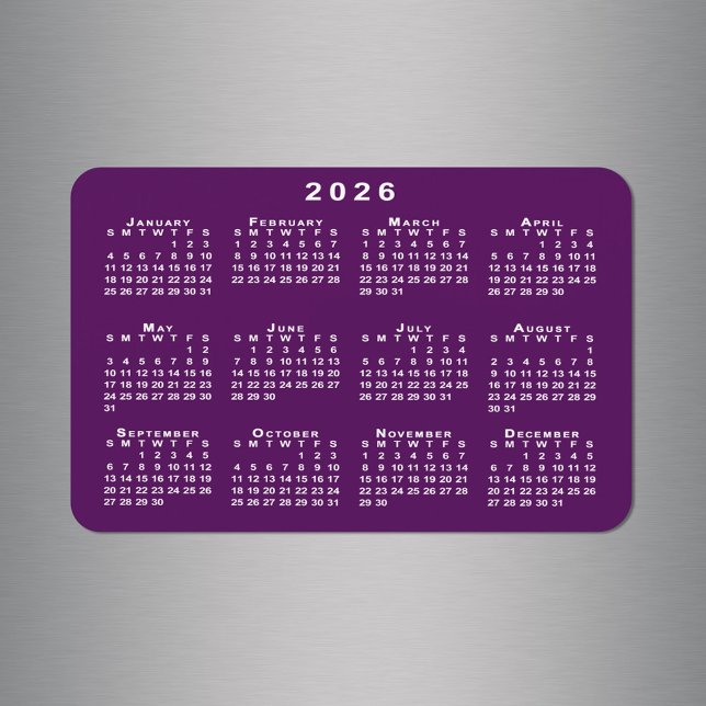 White 2026 Calendar on Purple Background Template Magnet (White 2026 Calendar on Purple Background Template Magnet in situ)