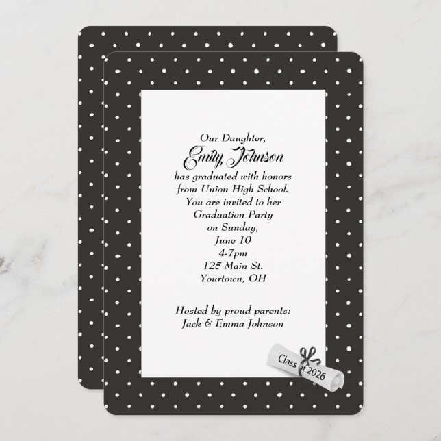 White 2026 Diploma on Polka Dot Pattern Invitation (Front/Back)