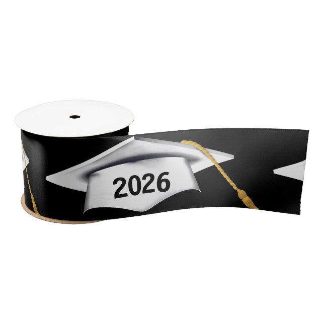 White 2026 Graduation Caps On Black Satin Ribbon (Spool)