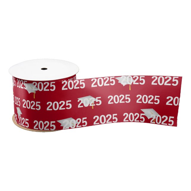 White 2026 Graduation Caps on Red Satin Ribbon (Spool)