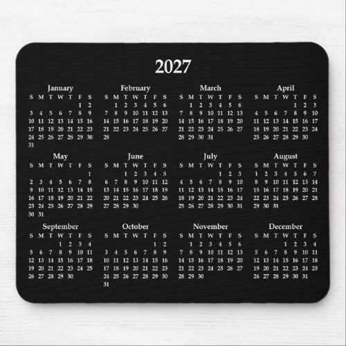 White 2027 Calendar on Black Mouse Pad
