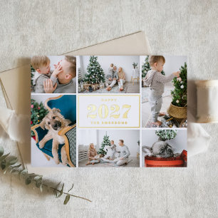 White 2027 Retro Six Photo Collage New Year Foil Holiday Card