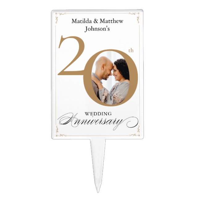 White 20th Wedding Anniversary Gold Script Photo Cake Topper (Front)