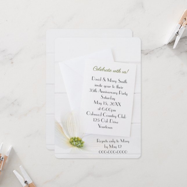 White 35th Anniversary Party Cosmos on White Wood Invitation (Front/Back In Situ)