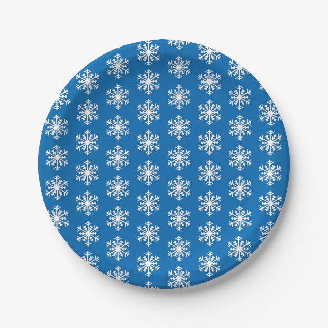 White 3-d Snowflake on a Blue Background Paper Plates (Front)