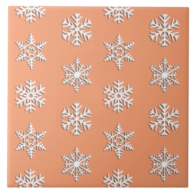 White 3-d snowflakes, Customizable Background Ceramic Tile (Front)