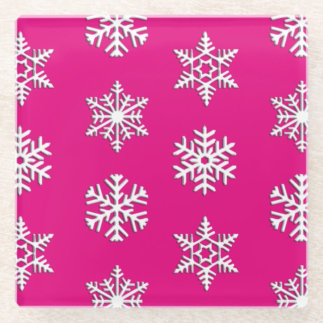 White 3-d snowflakes, Customizable Background Glass Coaster (Front)