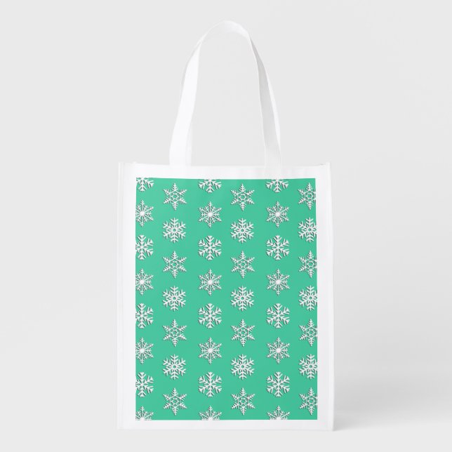 White 3-d snowflakes, Customizable Background Grocery Bag (Front)