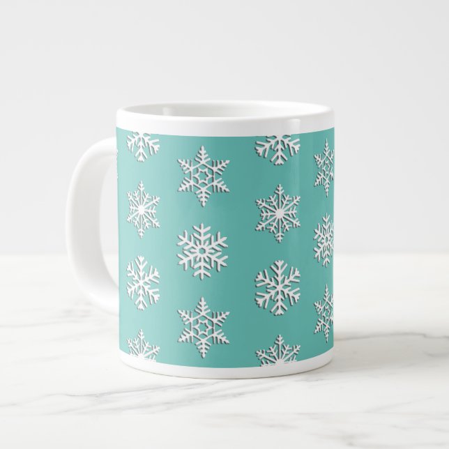White 3-d snowflakes, Customizable Background Large Coffee Mug (Front Left)