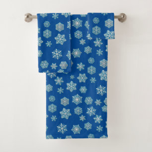 White 3-d snowflakes on a cobalt blue background bath towel set