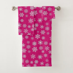 White 3-d snowflakes on a fuchsia pink background bath towel set