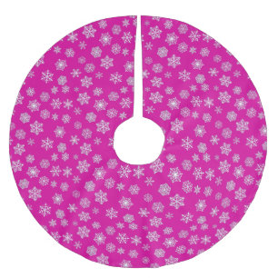 White 3-d snowflakes on a fuchsia pink background brushed polyester tree skirt
