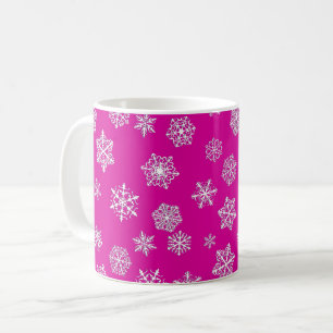 White 3-d snowflakes on a fuchsia pink background coffee mug