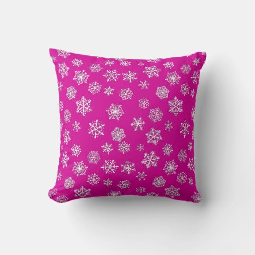 White 3_d snowflakes on a fuchsia pink background throw pillow